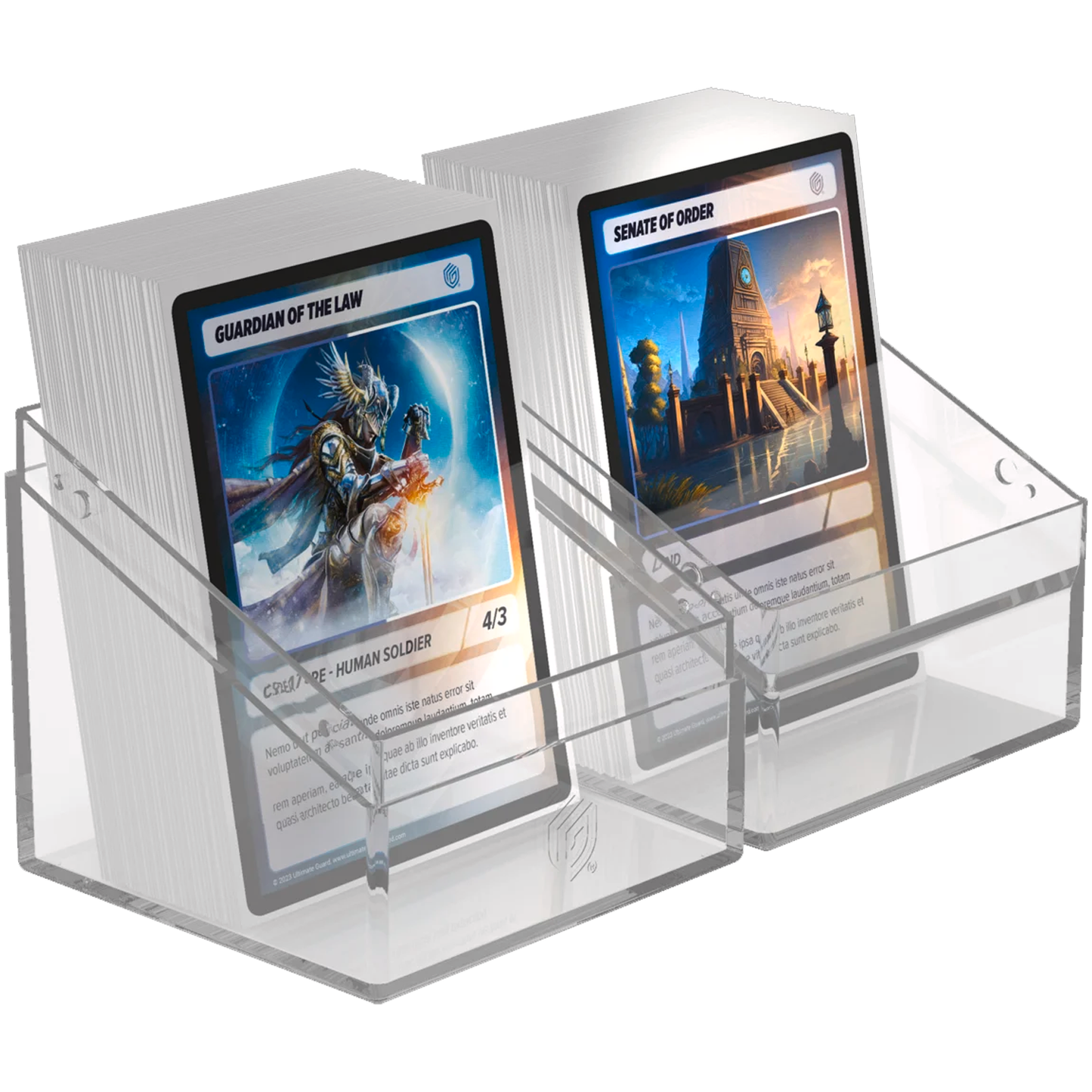 Ultimate Guard Boulder: 100+ Transparent Deck Box: Clear (Fully Open With Cards in Either Half) On a White Background | Happy Piranha