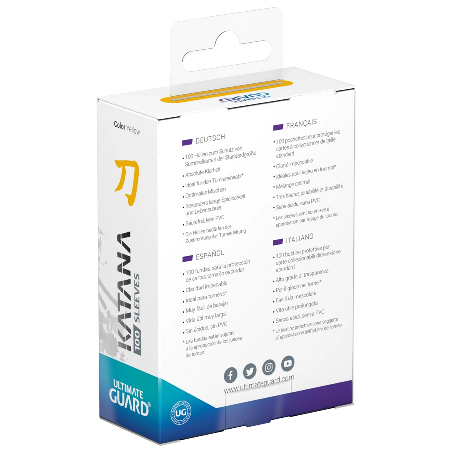 Ultimate Guard Katana Standard Sized Card Sleeves 100 Pack: Yellow (Back of Box) | Happy Piranha