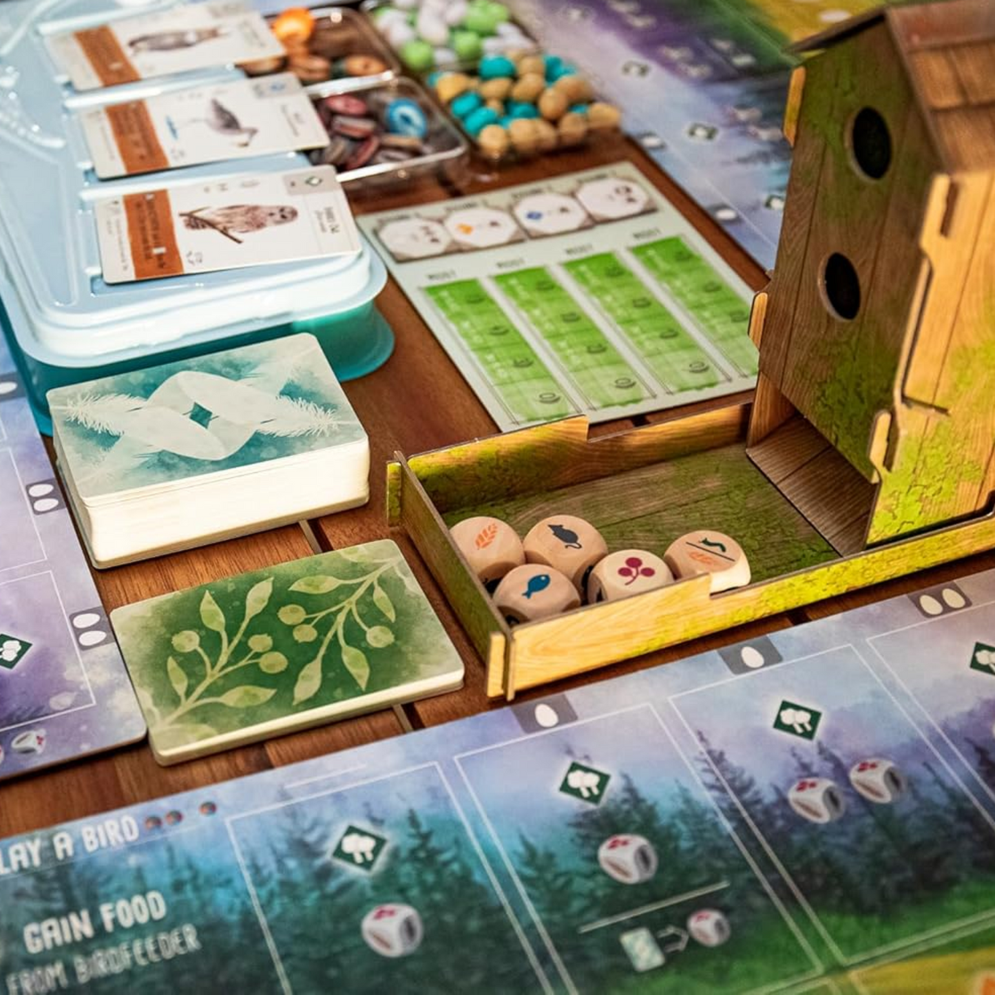 Wingspan Board Game Components Close Up Including the Birdfeeder Dice Tower | Happy Piranha