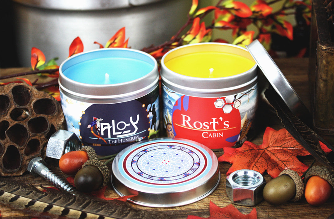 Aloy and Rost Horizon Zero Dawn scented candles by Happy Piranha