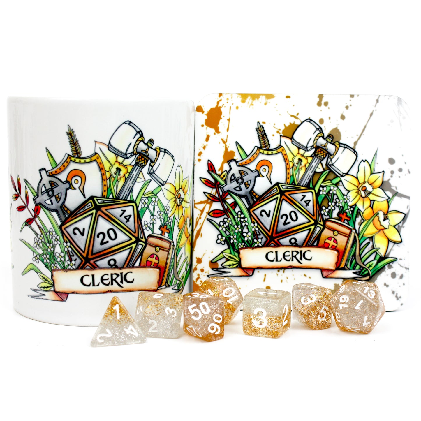 Dungeons and Dragons (DnD) Customisable Class Dice Mug & Coaster Set (Cleric) | Happy Piranha