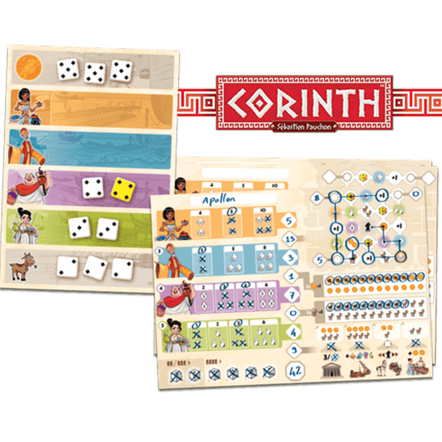 Corinth Roll and Write Board Game Content Examples | Happy Piranha