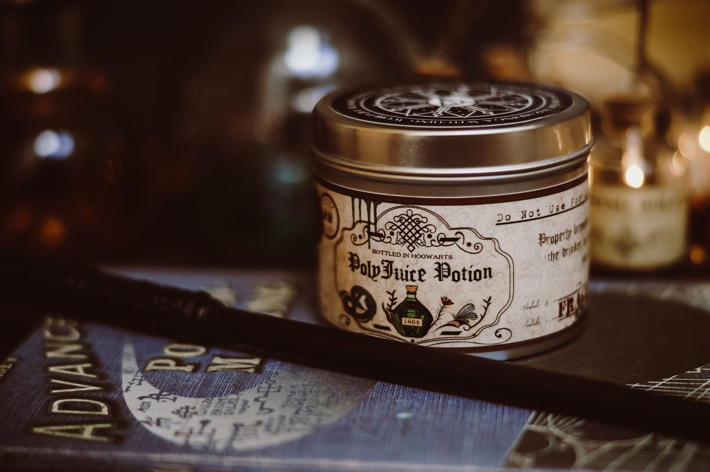 Happy Piranha's Polyjuice potion candle with a magic wand
