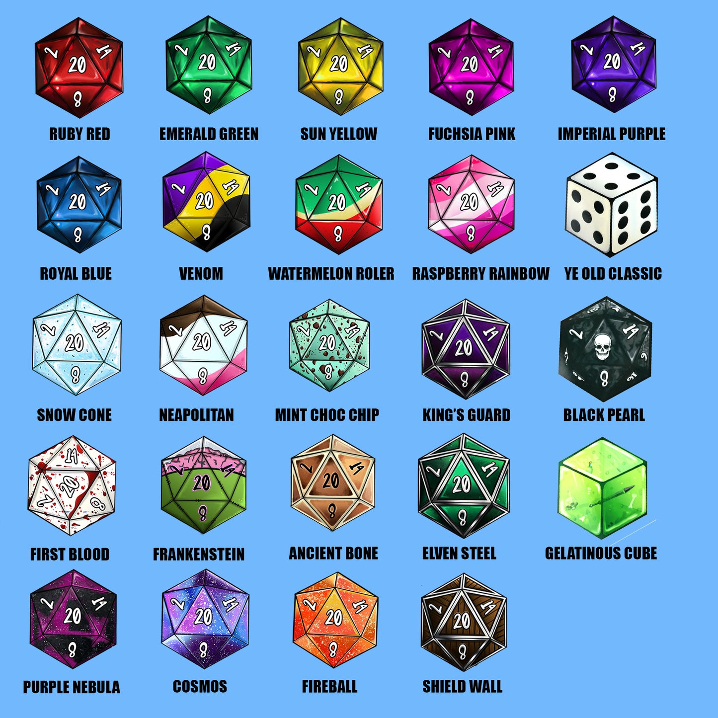 All 24 D20 Dice Coaster Designs by Happy Piranha