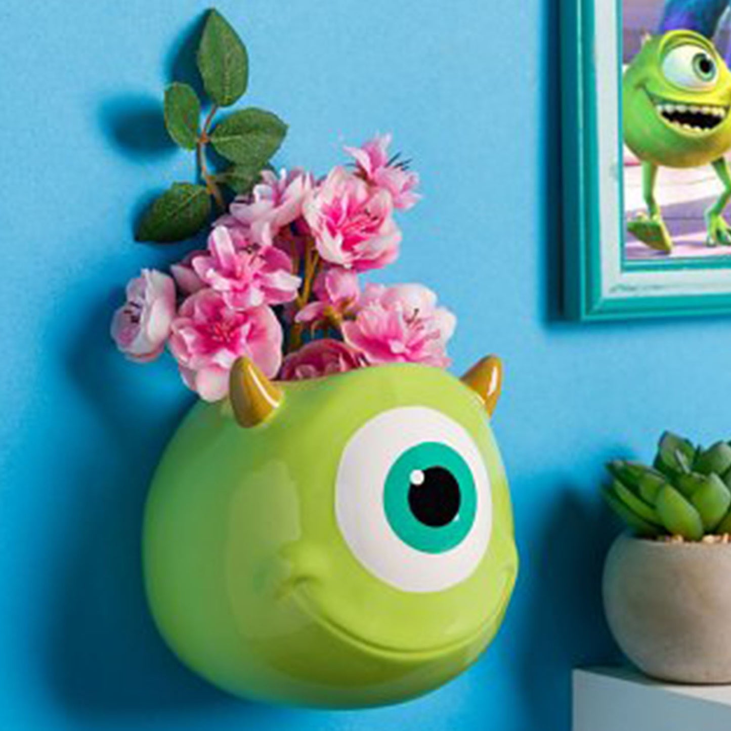 Disney Pixar Monsters Inc Mike Wazowski Ceramic Wall Vase / Storage Pot With Pink Flowers Inside | Happy Piranha