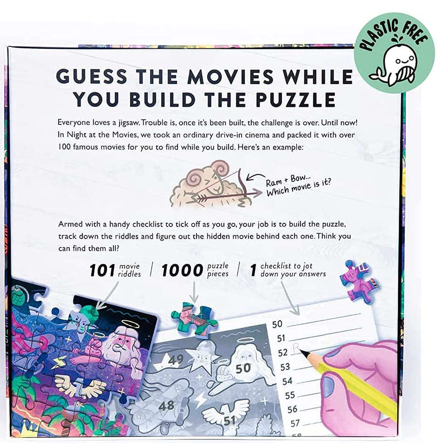 Night at the Movies 1000 Piece Riddle Jigsaw Puzzle back of Box | Happy Piranha