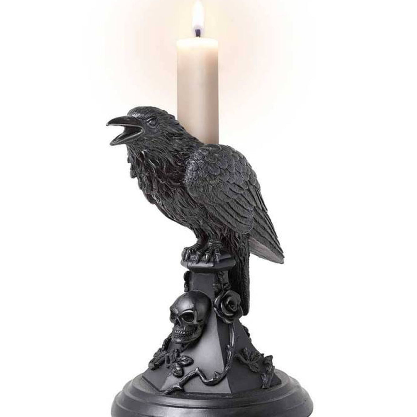 Poe's Raven Candlestick - Black Resin Candle Holder With a Lit Candle | Happy Piranha