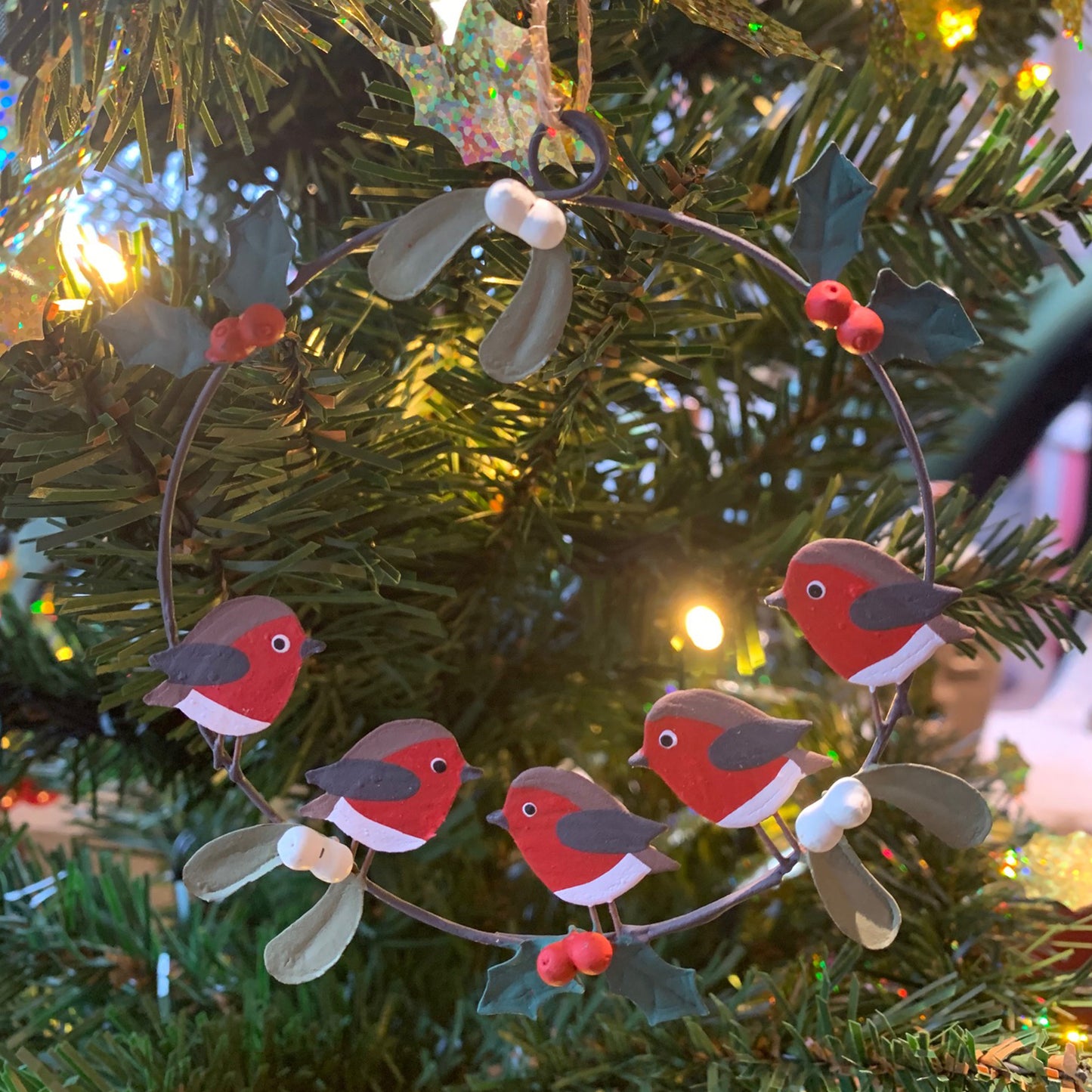 Robins in a Ring Hanging Christmas Decoration on a Christmas Tree | Happy Piranha