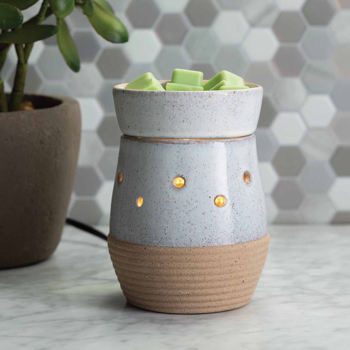 Rustic White: Electric Illumination Wax Melt Warmer on a Table | Happy Piranha