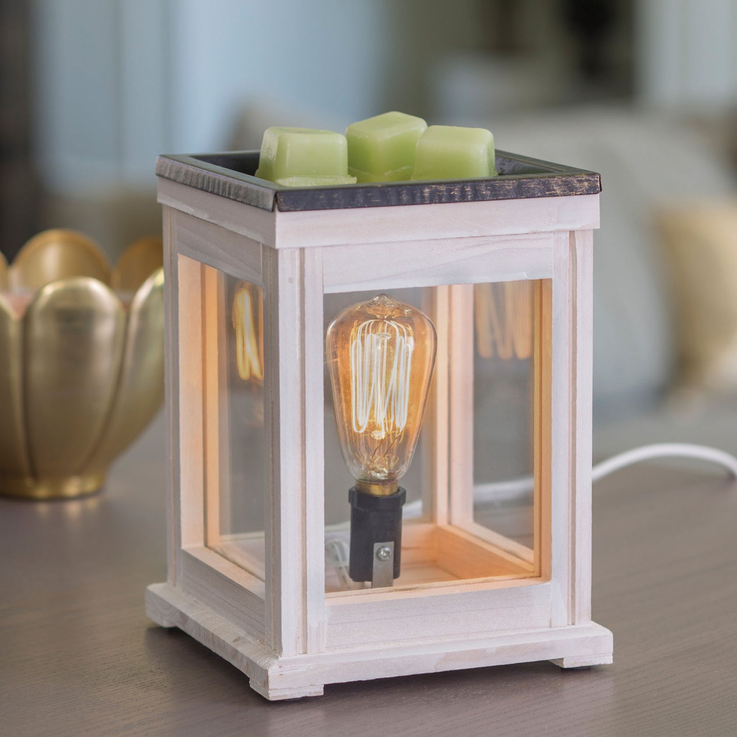 Weathered Wood - Illumination Wax Melt Warmer Turned on | Happy Piranha