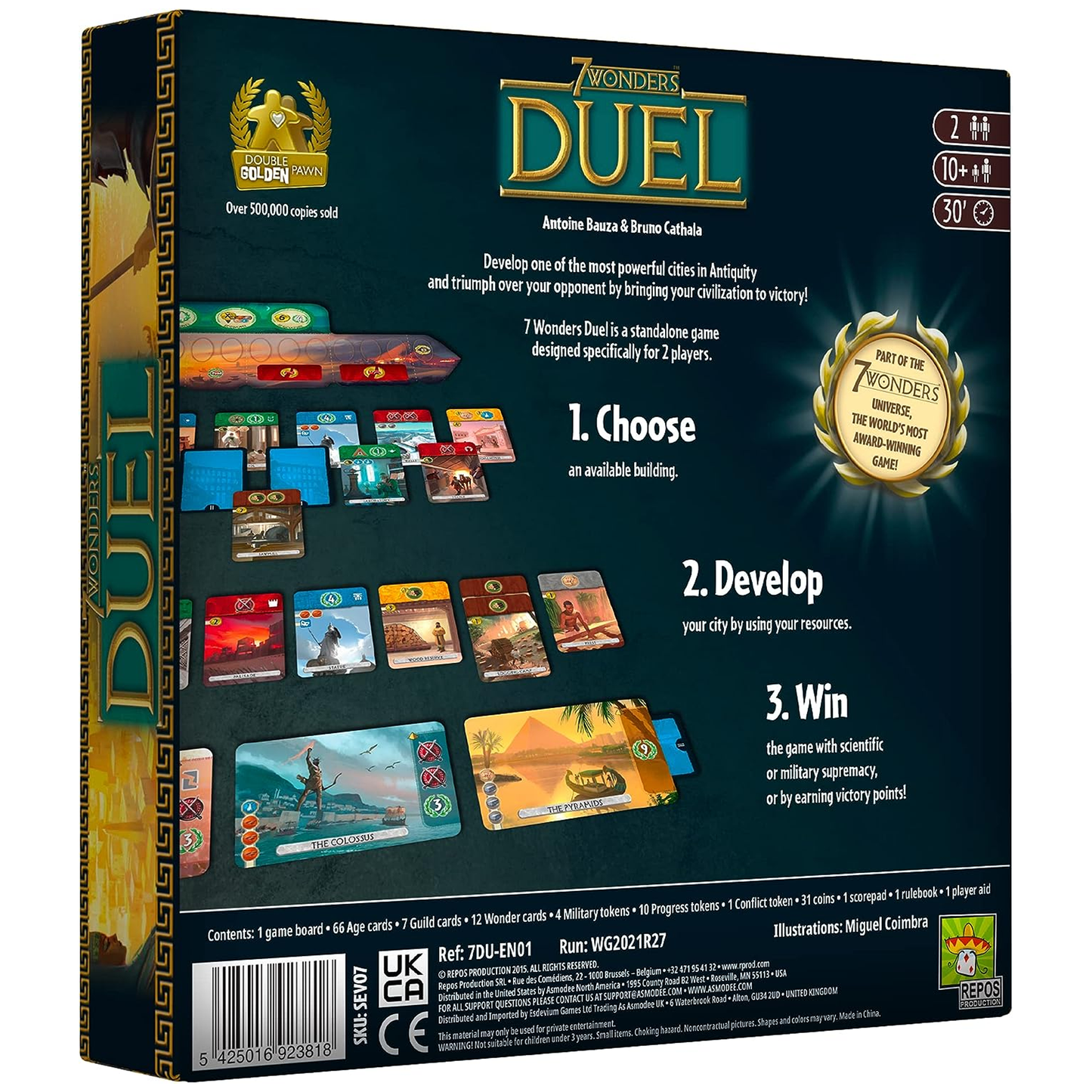 7 Wonders Duel Board Game (Back of Box) | Happy Piranha