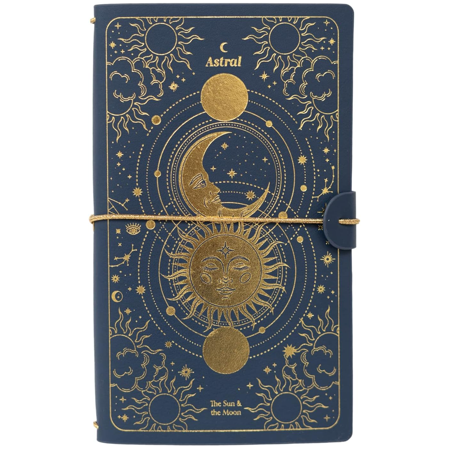 Astral Sun & Moon Design Faux Leather Travel Journal / Notebook (Front) | Happy Piranha