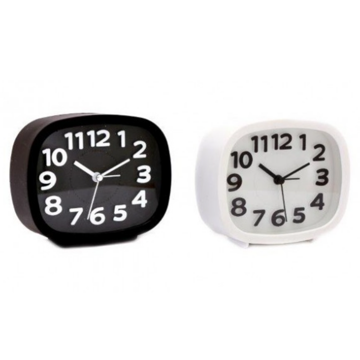 Classic Bedside Alarm Clock (Black and White Designs) Side by Side on a White Background | Happy Piranha
