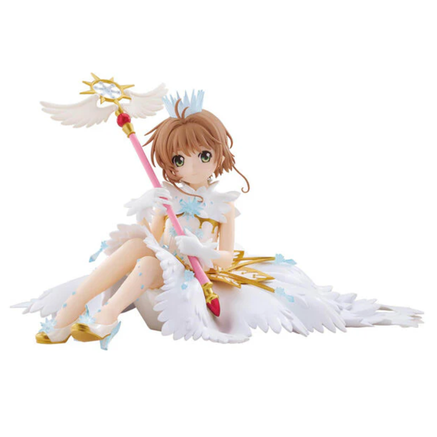 A collectible anime figurine of Sakura Kinomoto from Cardcaptor Sakura, depicted in her White-Capped Crier outfit with angel wings, holding her pink and gold Magic Wand, set against a plain white background | Happy Piranha