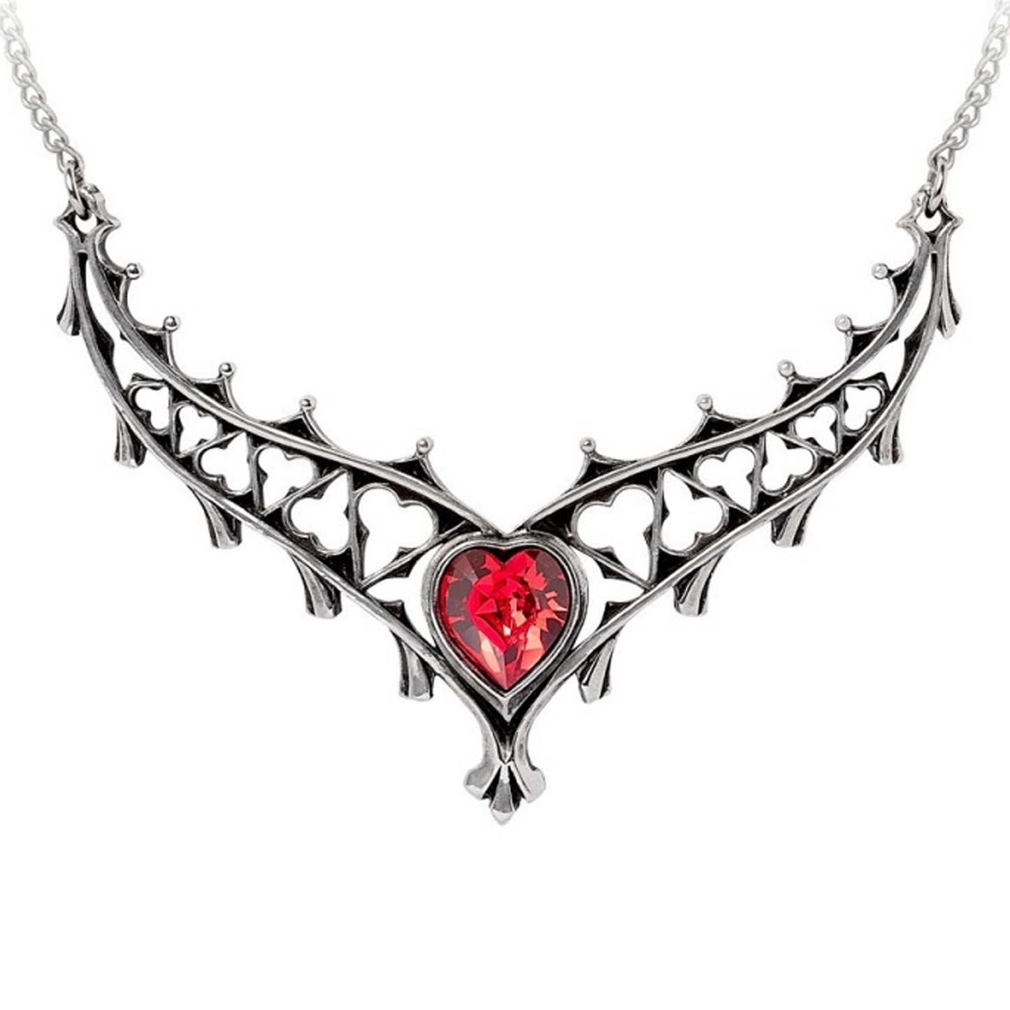 Elizabethan - Pewter & Red Crystal Heart Gothic Arch Design Necklace on a White Background | Happy Piranha