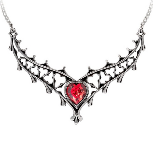 Elizabethan - Pewter & Red Crystal Heart Gothic Arch Design Necklace on a White Background | Happy Piranha