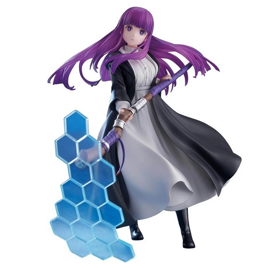 An anime figurine of a female character with long purple hair, wearing a black and white dress, holding a staff, with a translucent blue hexagonal shield in front of her, set against a plain white background | Fern: Frieren Beyond Journey's End Effectreme Figure | Happy Piranha