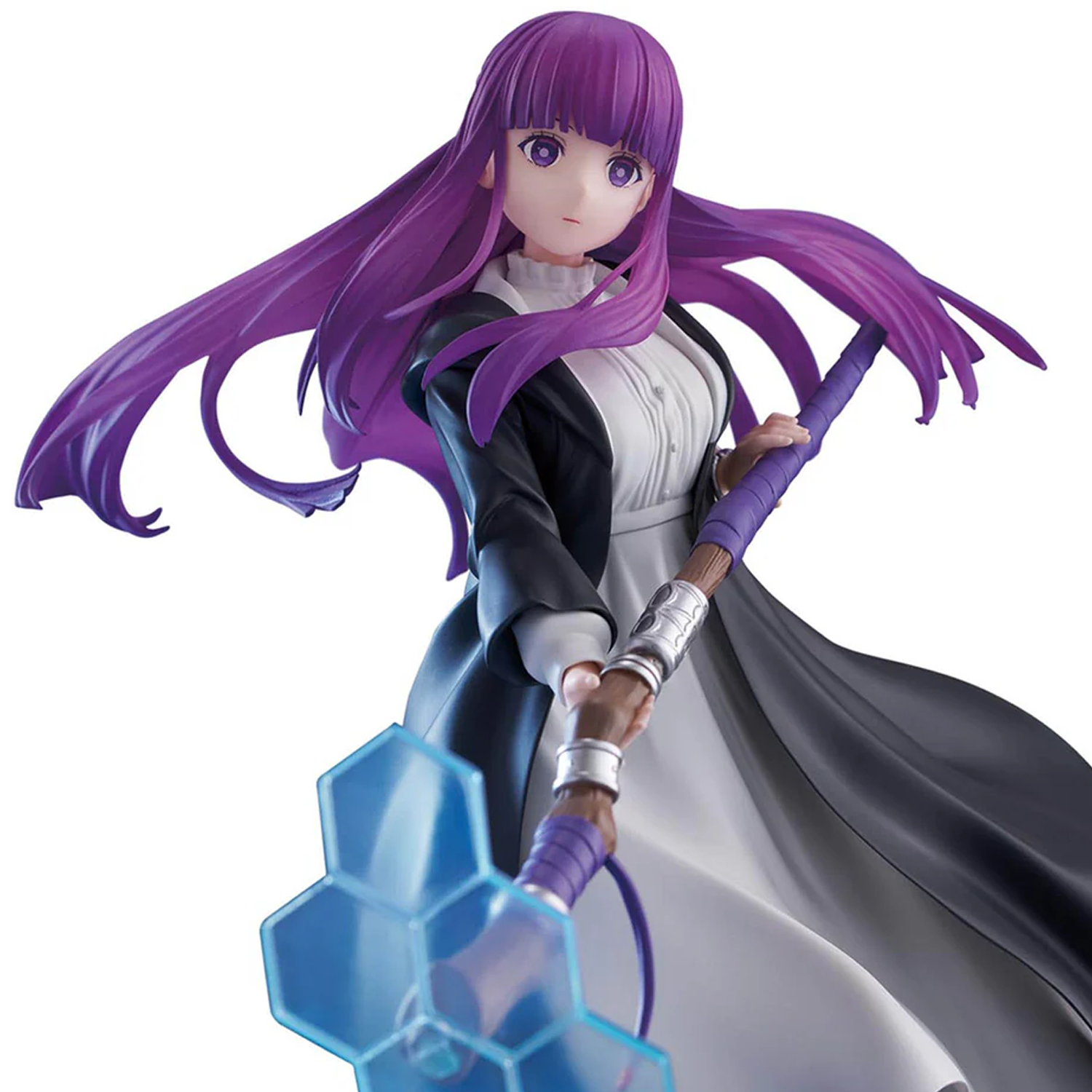 An anime figurine of a female character with long purple hair, wearing a black and white outfit, holding a staff with a translucent blue crystal-like end, set against a plain white background | Fern: Frieren Beyond Journey's End Effectreme Figure | Happy Piranha