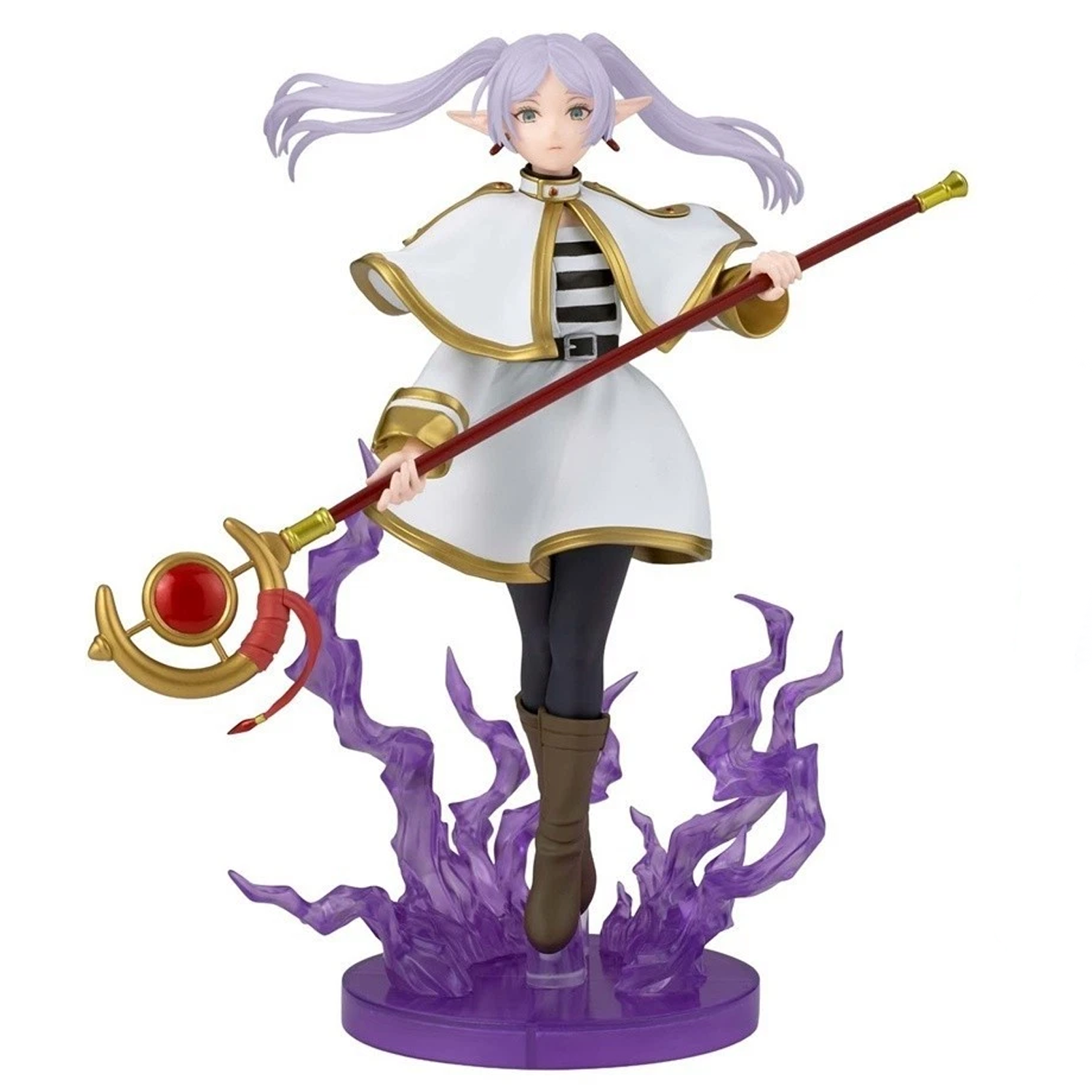 A fantasy anime figurine of a female elf with long lavender hair, wearing a white and gold cape over a black-and-white striped shirt, dark leggings, and brown boots. She holds a long red staff with gold and red details and stands on a purple flame-like base against a plain white background. | Frieren: Frieren Beyond Journey's End Effectreme Figure | Happy Piranha