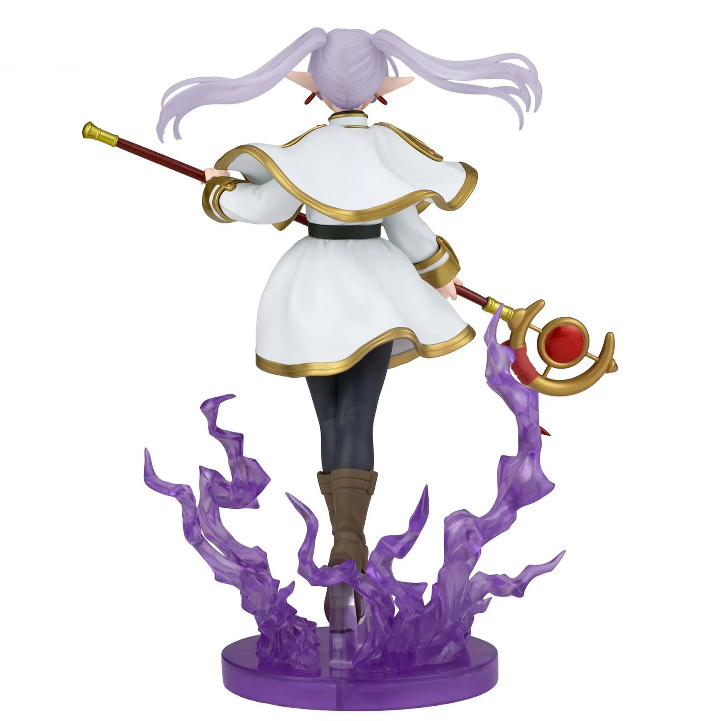 A collectible anime figurine of a female elf warrior with lavender hair, shown from the back on a purple flame-like base. She wears a white tunic with gold trim, dark leggings, and holds a staff with a red orb | Frieren: Frieren Beyond Journey's End Effectreme Figure | Happy Piranha