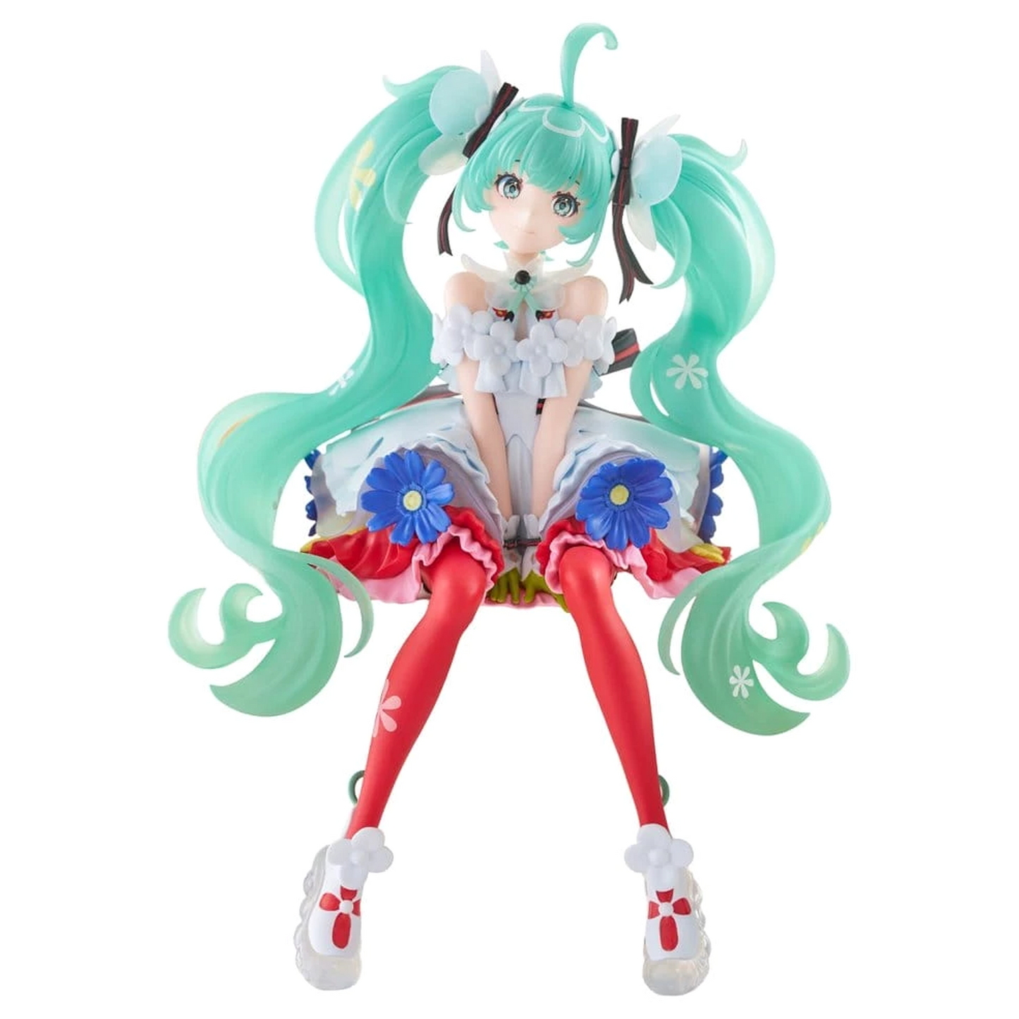 A collectible anime figurine of Hatsune Miku in a seated pose, featuring long mint green twin-tails, a white and blue floral dress, red tights, and white shoes, isolated on a white background | Hatsune Miku Japan Live Tour 2025 Blooming Noodle Stopper Figure | Happy Piranha