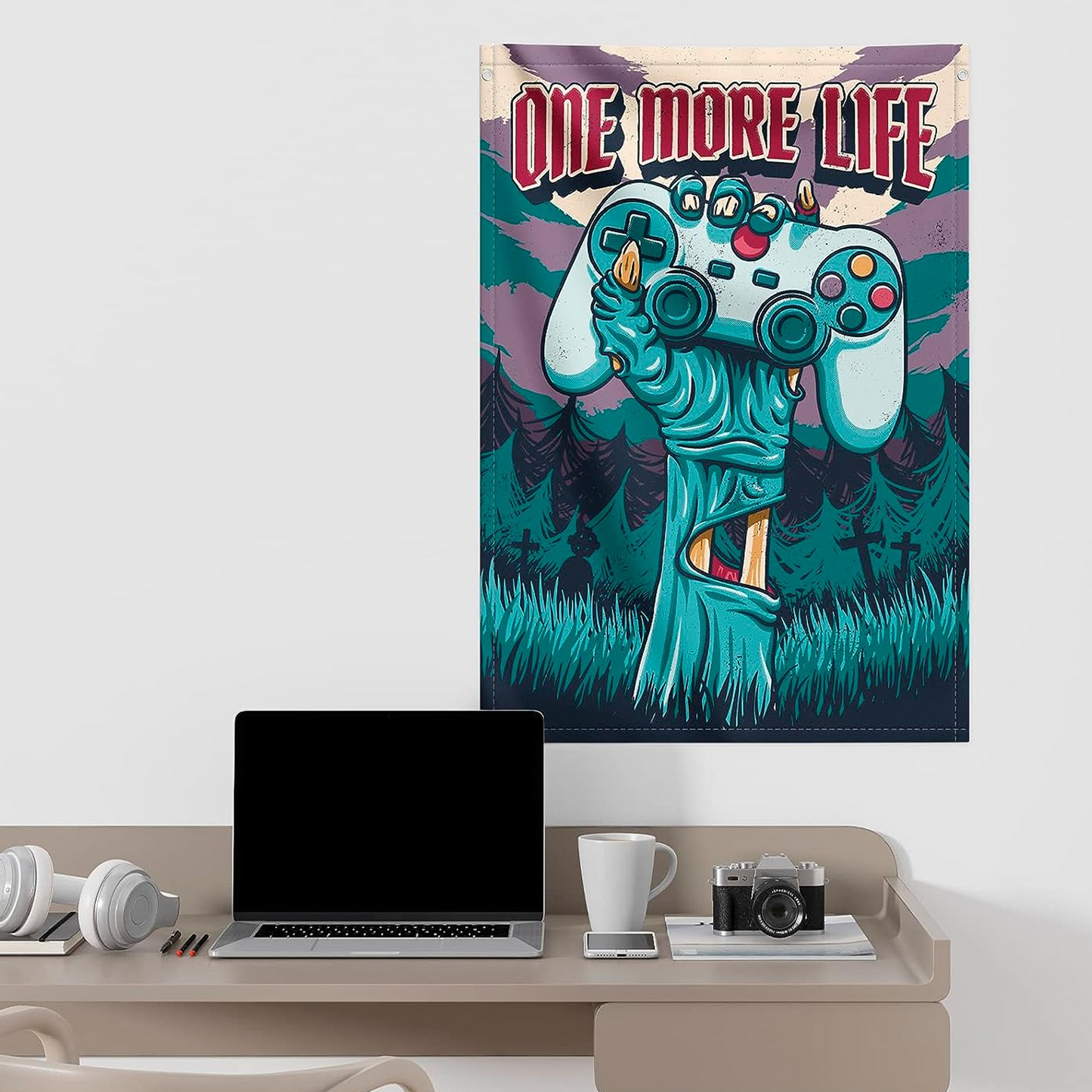 One More Life Zombie Gamer Flag 70 x 100cm Wall Scroll Above a Desk | Happy Piranha