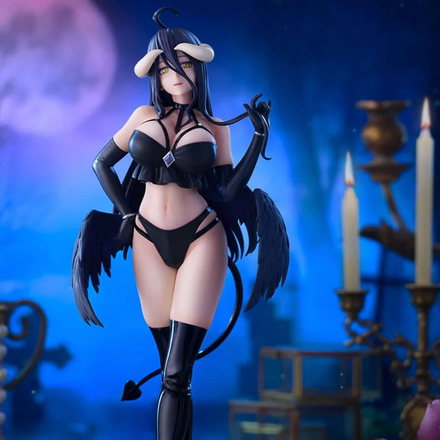 Overlord Albedo Bicute Dark Furyu Figure (Front View) On a Blue and Black Gothic Background | Happy Piranha