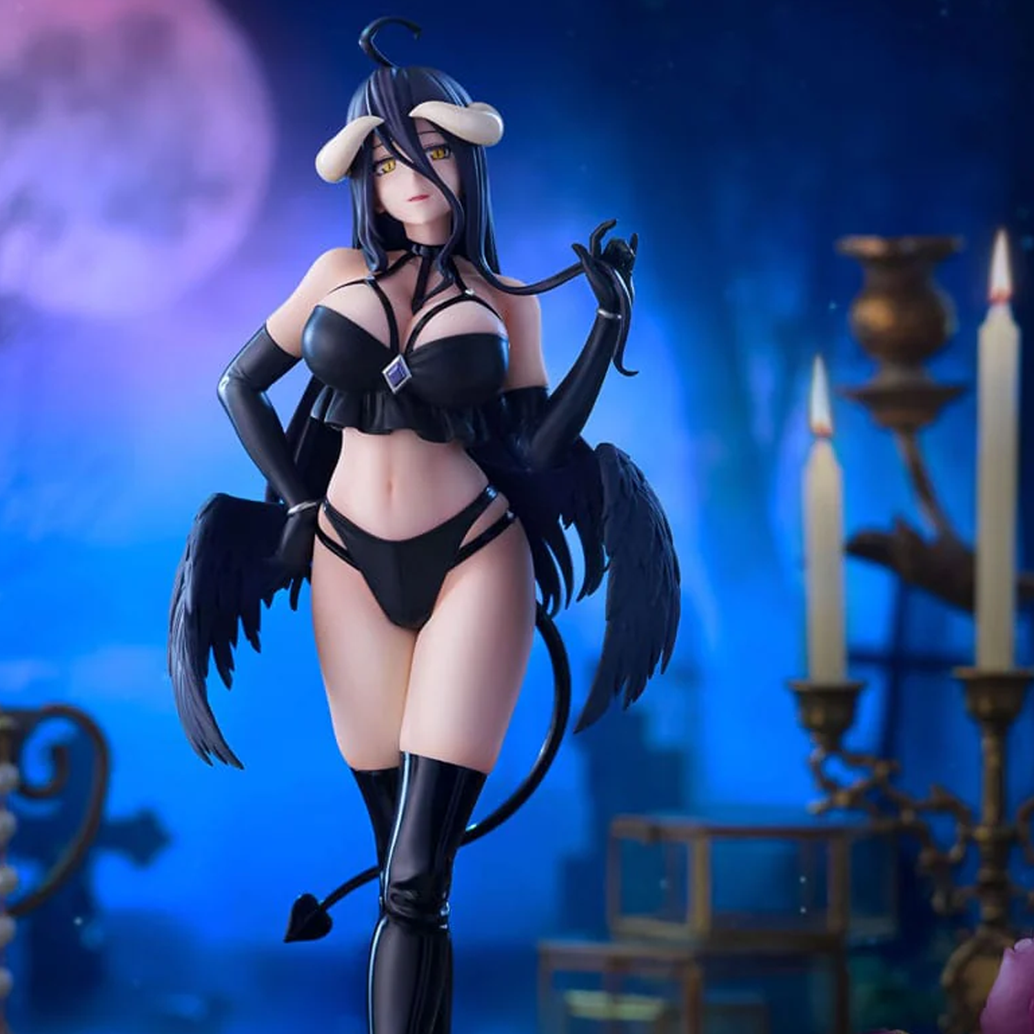 Overlord Albedo Bicute Dark Furyu Figure (Front View) On a Blue and Black Gothic Background | Happy Piranha