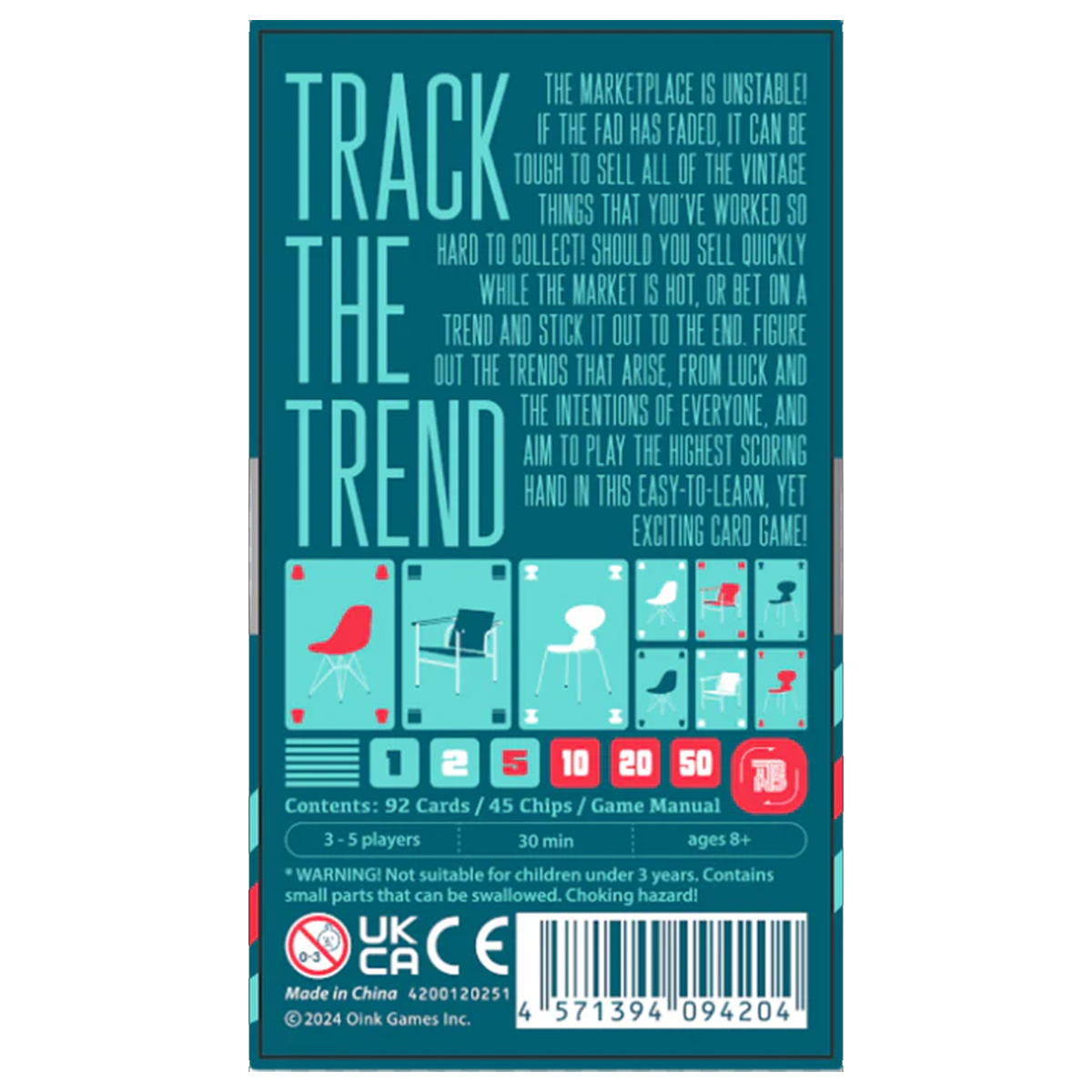TRND (Track the Trend) Board Game (Back of Box) on a White Background | Happy Piranha