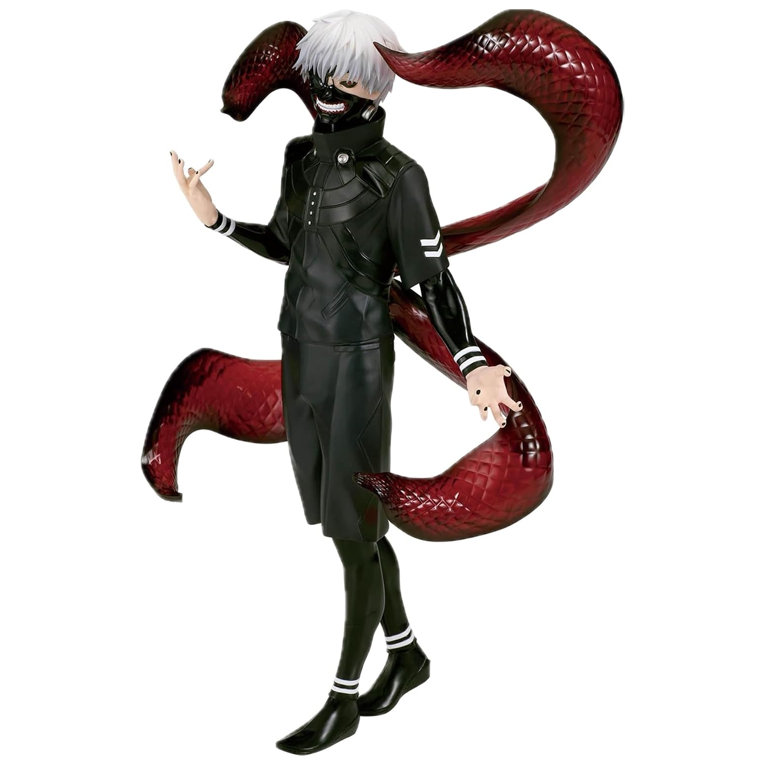 A collectible figurine of the character Ken Kaneki from Tokyo Ghoul, featuring his signature black suit, white hair, and the red Ghoul tentacles wrapping around him, set against a plain white background | Tokyo Ghoul Ken Kaneki Grandista Figure | Happy Piranha