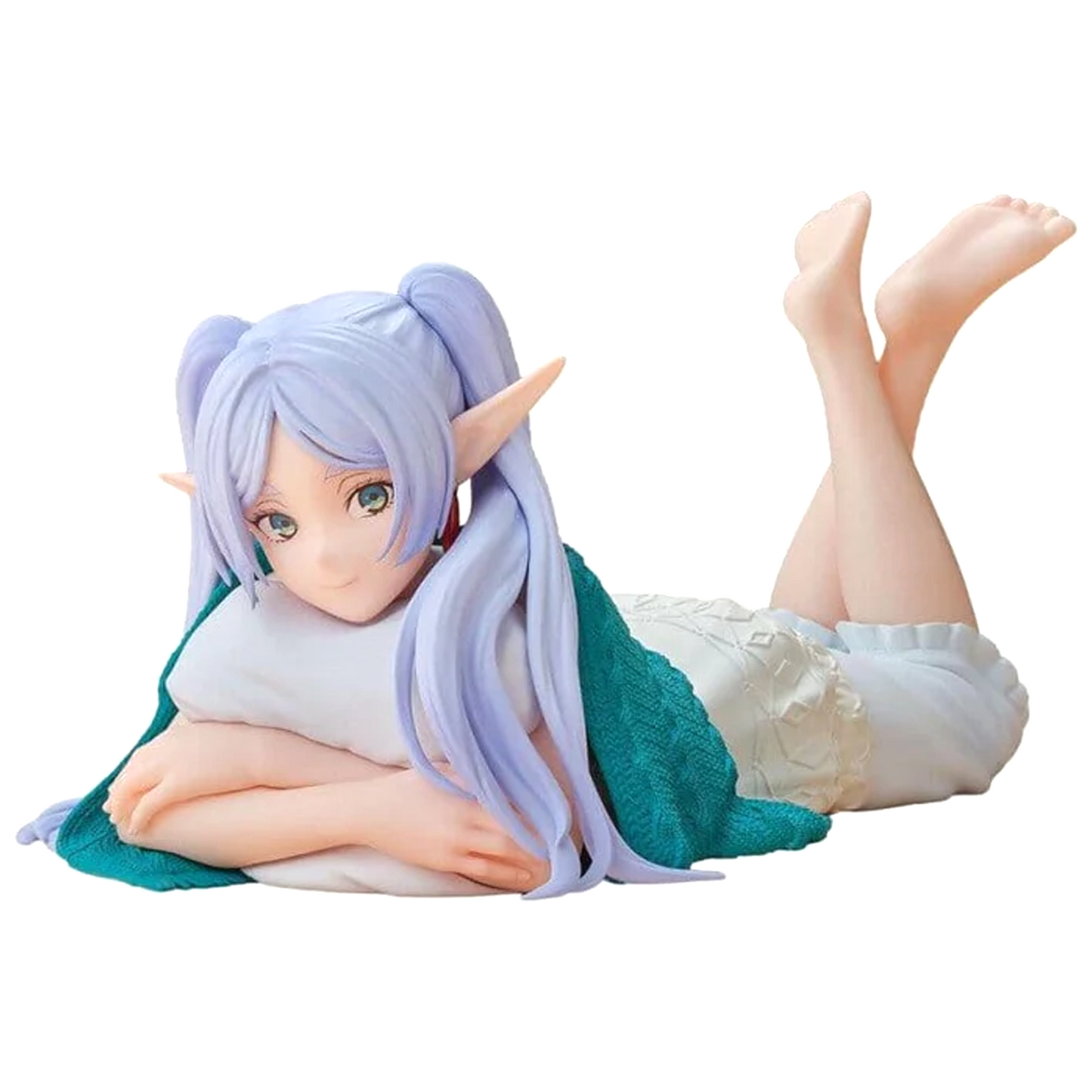 An anime figurine of a female elf with long lavender hair, lying down and wrapped in a teal blanket, on a plain white background | Roomwear: Frieren Beyond Journey's End Yumemirize Figure | Happy Piranha