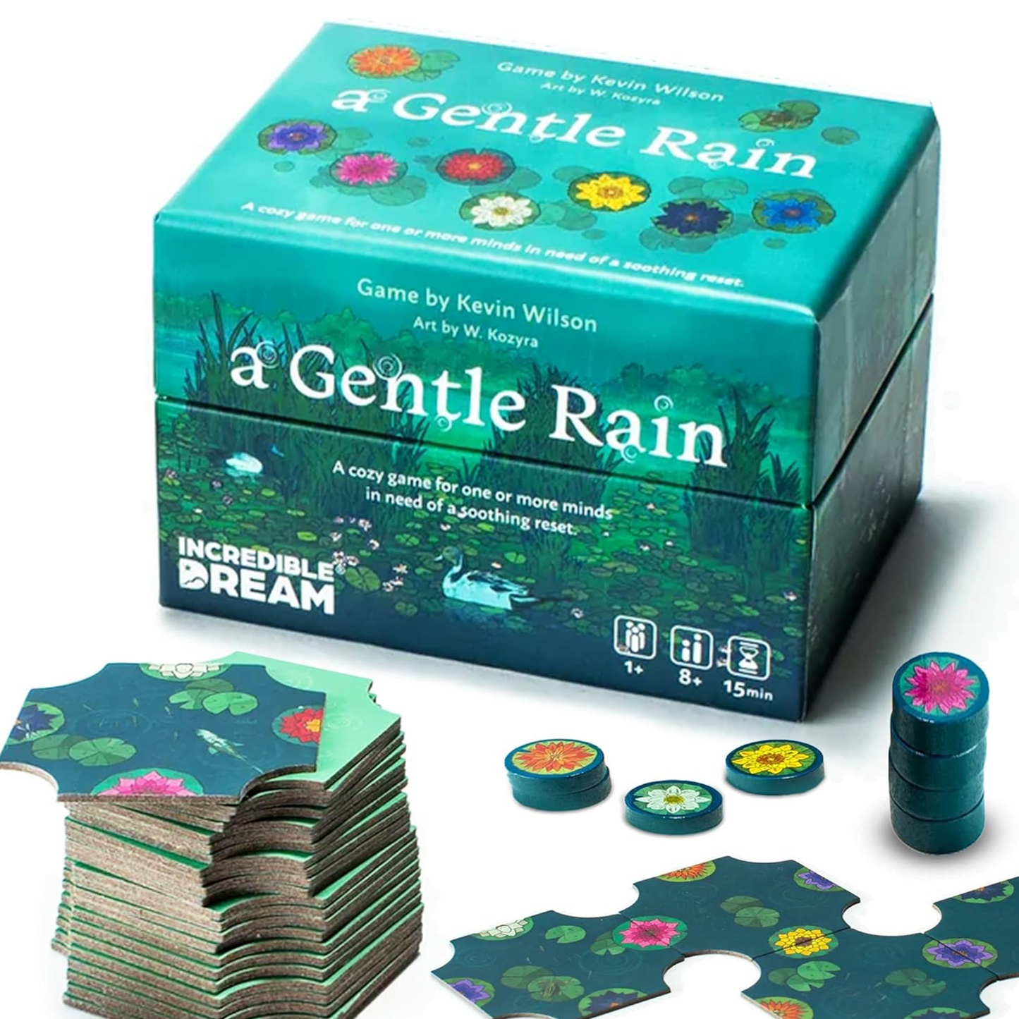 A Gentle Rain Board Game Box and Pieces on a White Background | Happy Piranha