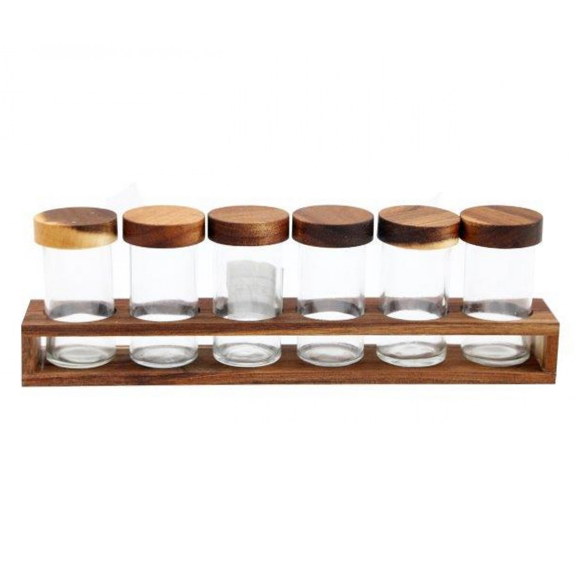 6 Glass Jar Herb Rack in Acacia Wood Stand (Front) | Happy Piranha