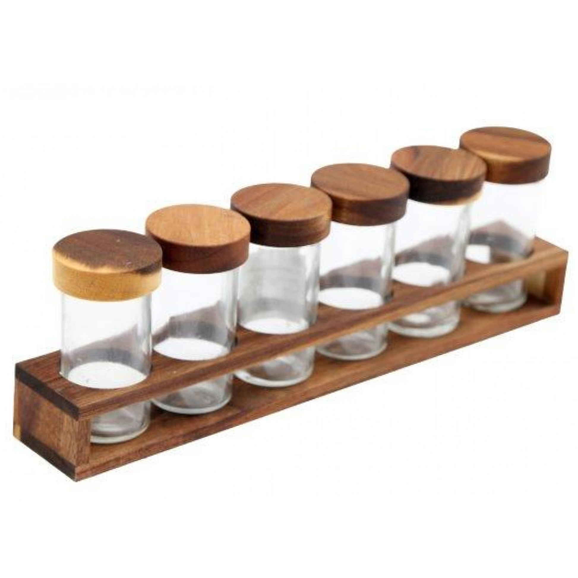 6 Glass Jar Herb Rack in Acacia Wood Stand (Side) | Happy Piranha