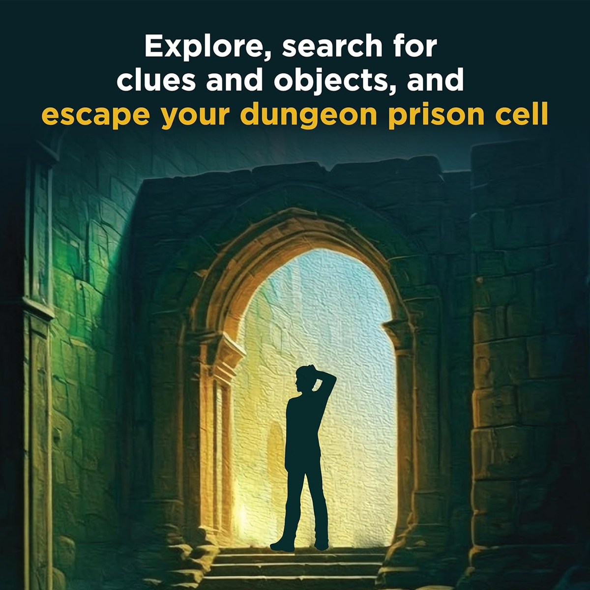 Adventure Games: The Dungeon Board Game Infographic Showing a Mans Silhouette Standing in a Castle Archway | Happy Piranha