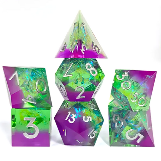 Alien Gemstone - Layered Sharp Edged Polyhedral Dice Set Stacked in a Pile on a White Background | Happy Piranha