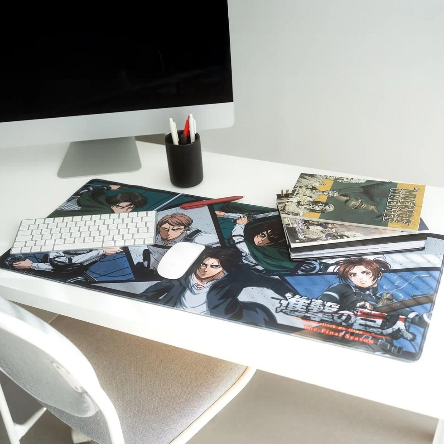Attack on Titan XXL Anime Mouse Pad & Keyboard Mat on a Desk with a Keyboard and Mouse | Happy Piranha