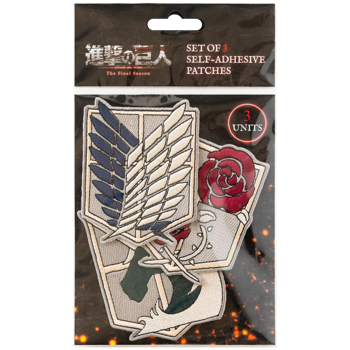 Attack on Titan Iron On Fabric Patches 3 Set in their Packaging | Happy Piranha