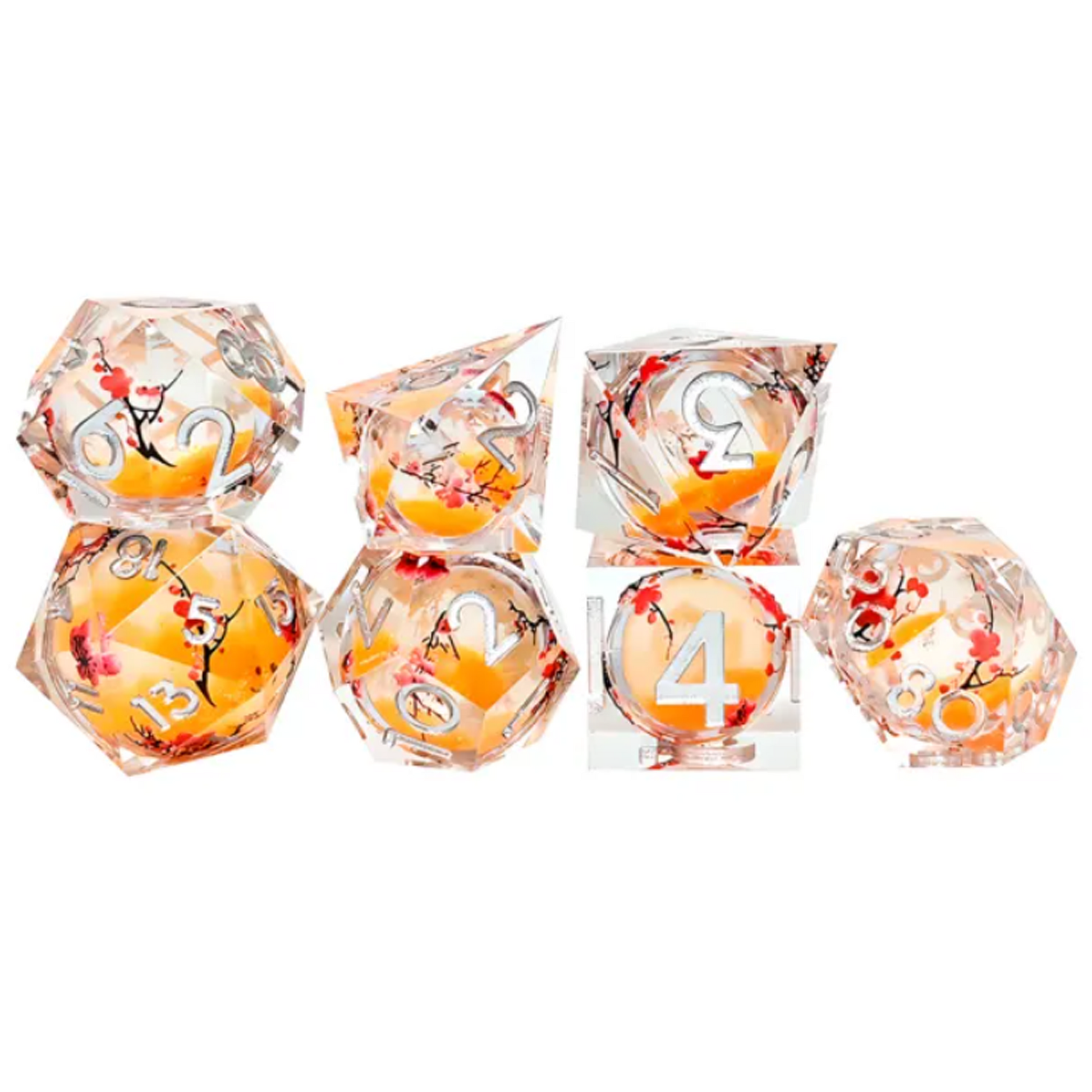 Autumn Blossom: Liquid Core Glitter Filled Cherry Blossom Polyhedral Dice Set in a Stack on a White Background | Happy Piranha