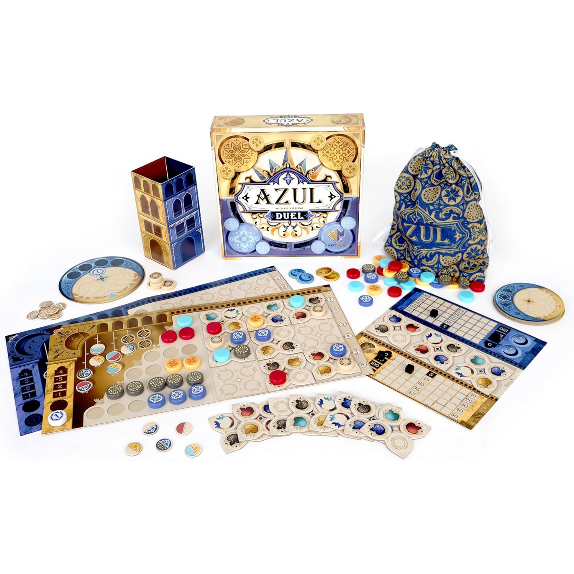 Azul Duel Board Game Box and Components on a White Background | Happy Piranha