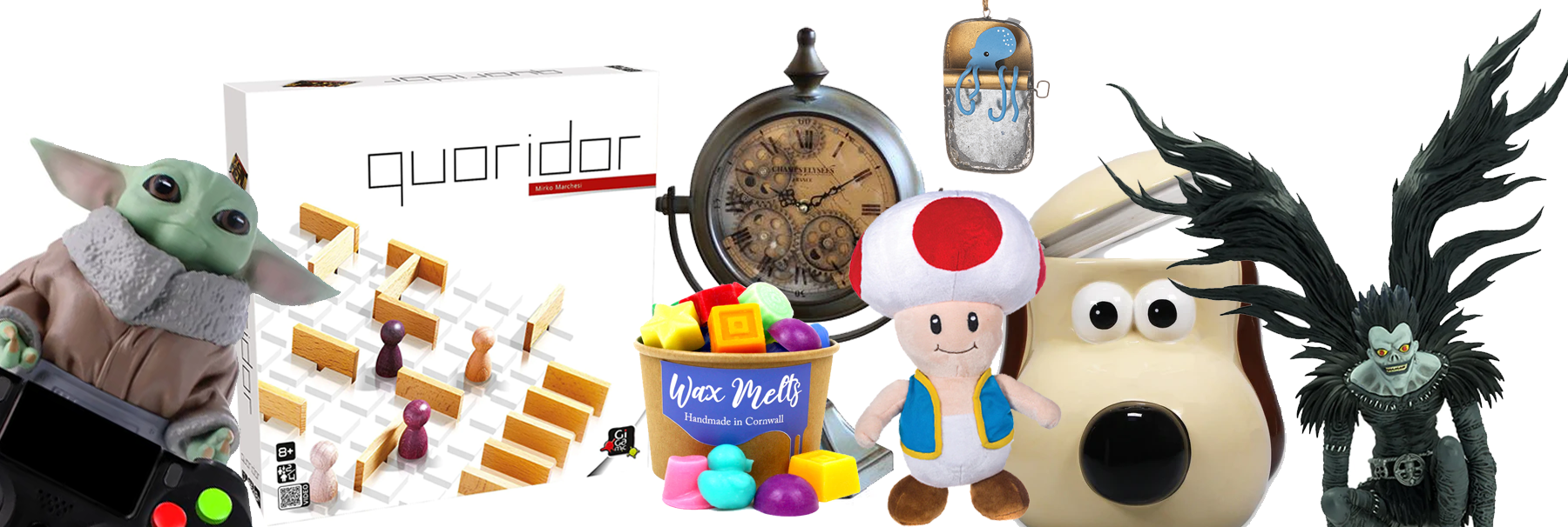 An assortment of items sold at Happy Piranha on a white background including games and geeky décor.