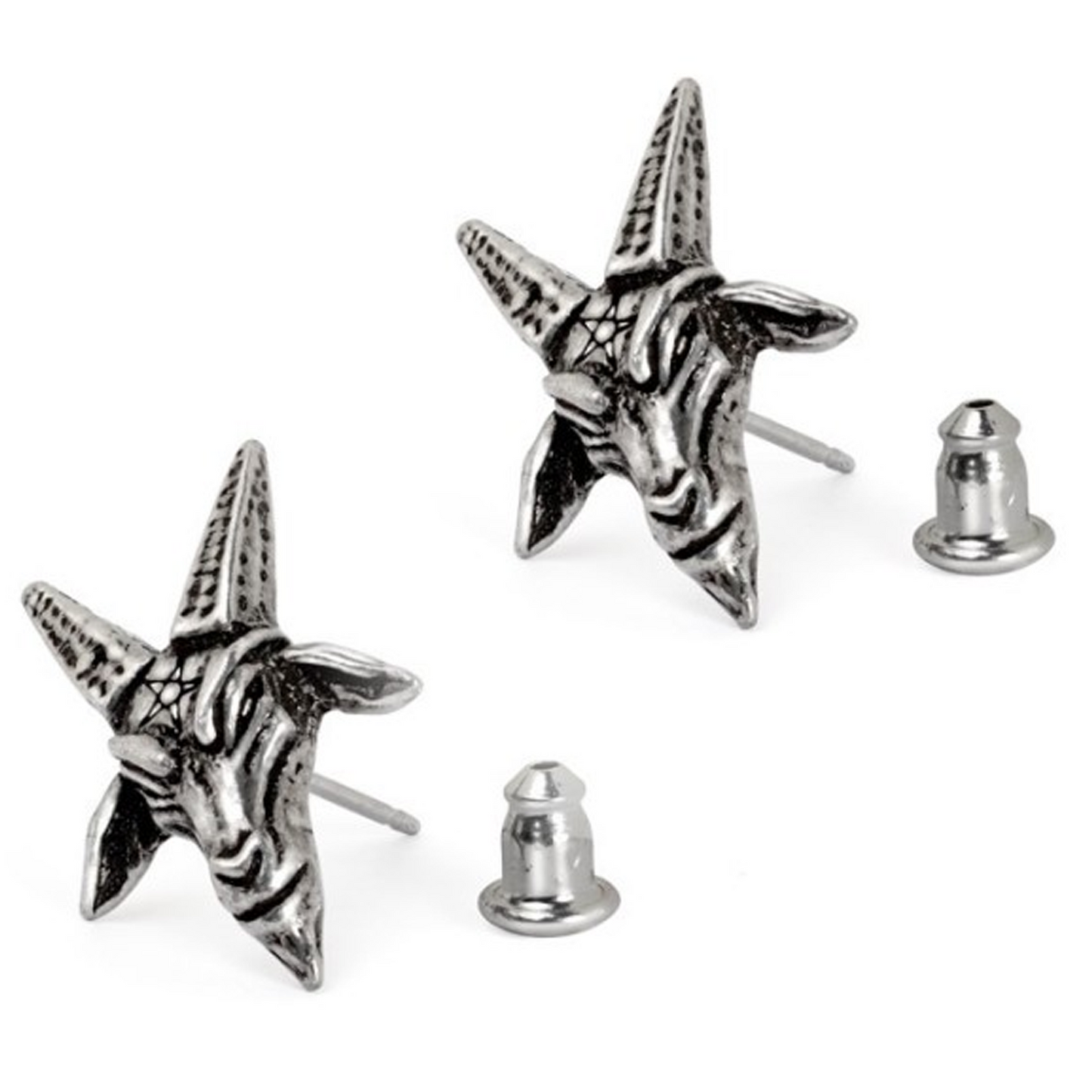 Baphomet Studs - Gothic Design Pewter Earrings on a White Background With Their Backers Taken Off | Happy Piranha