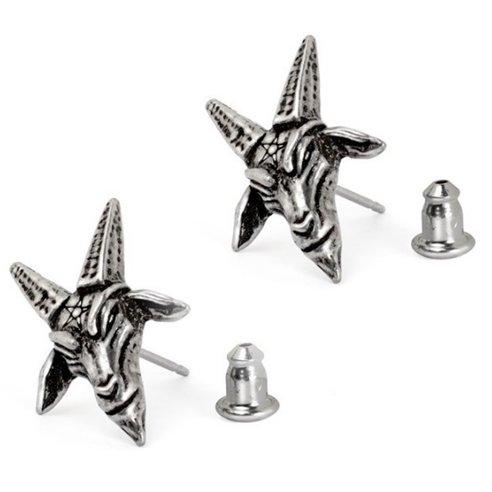 Baphomet Studs - Gothic Design Pewter Earrings on a White Background With Their Backers Taken Off | Happy Piranha