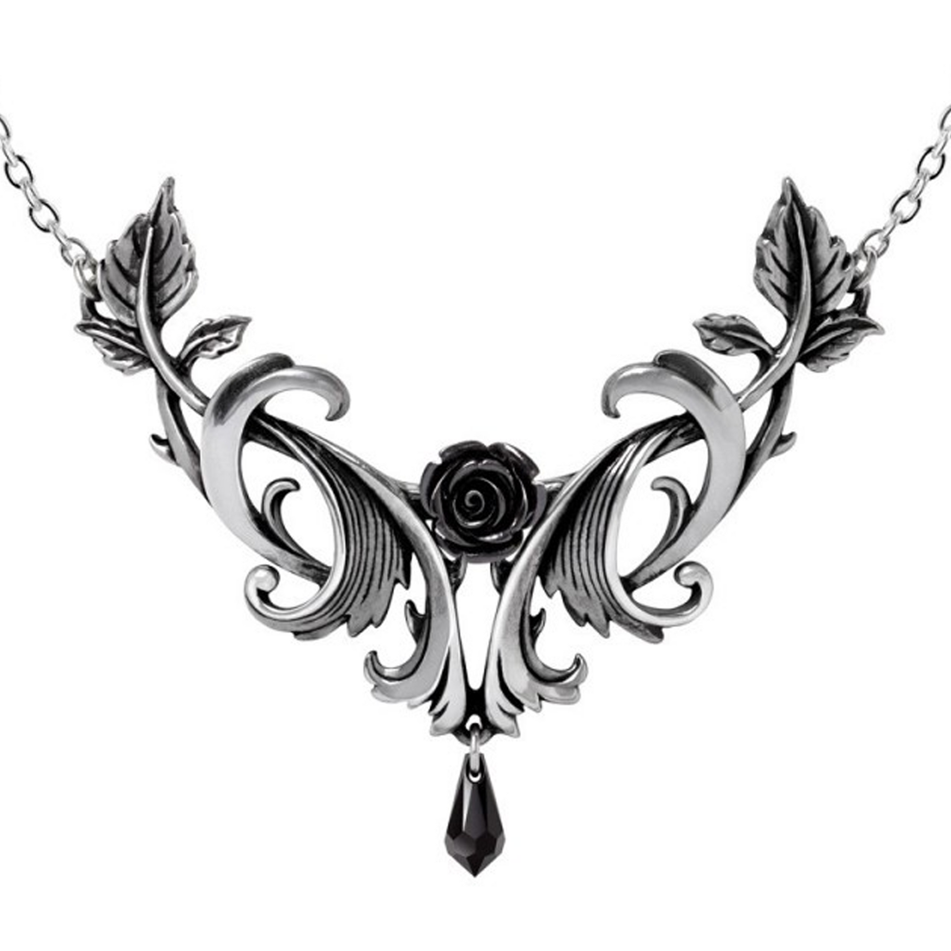 Baroque Rose - Pewter & Black Crystal Gothic Design Necklace on a White Background | Happy Piranha