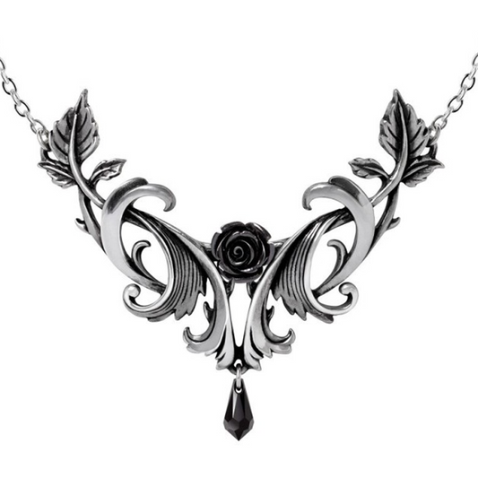 Baroque Rose - Pewter & Black Crystal Gothic Design Necklace on a White Background | Happy Piranha
