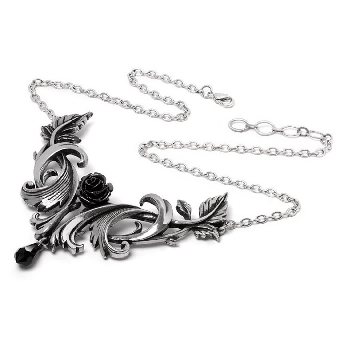 Baroque Rose - Pewter & Black Crystal Gothic Design Necklace on a White Background Laid out With the Chain Undone | Happy Piranha