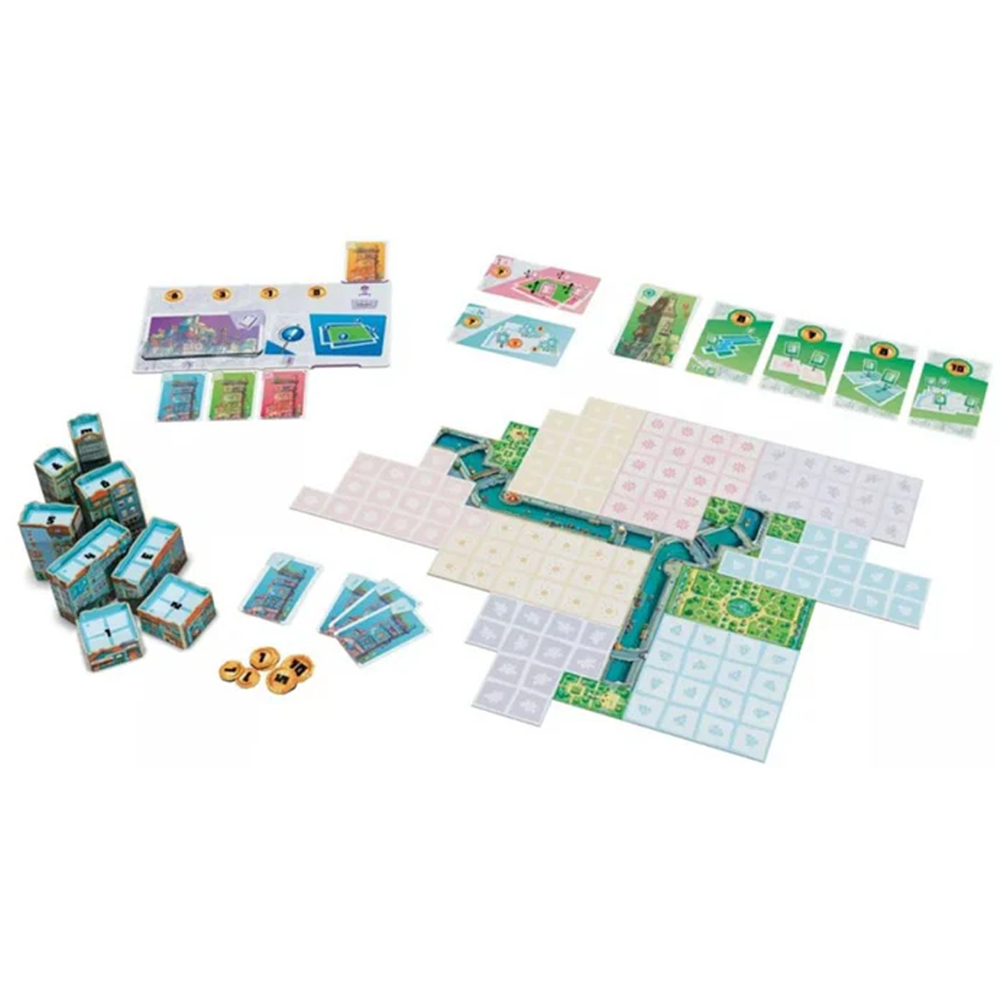 Bella Vista Board Game (Overhead View of Some Components) on a White Background | Happy Piranha
