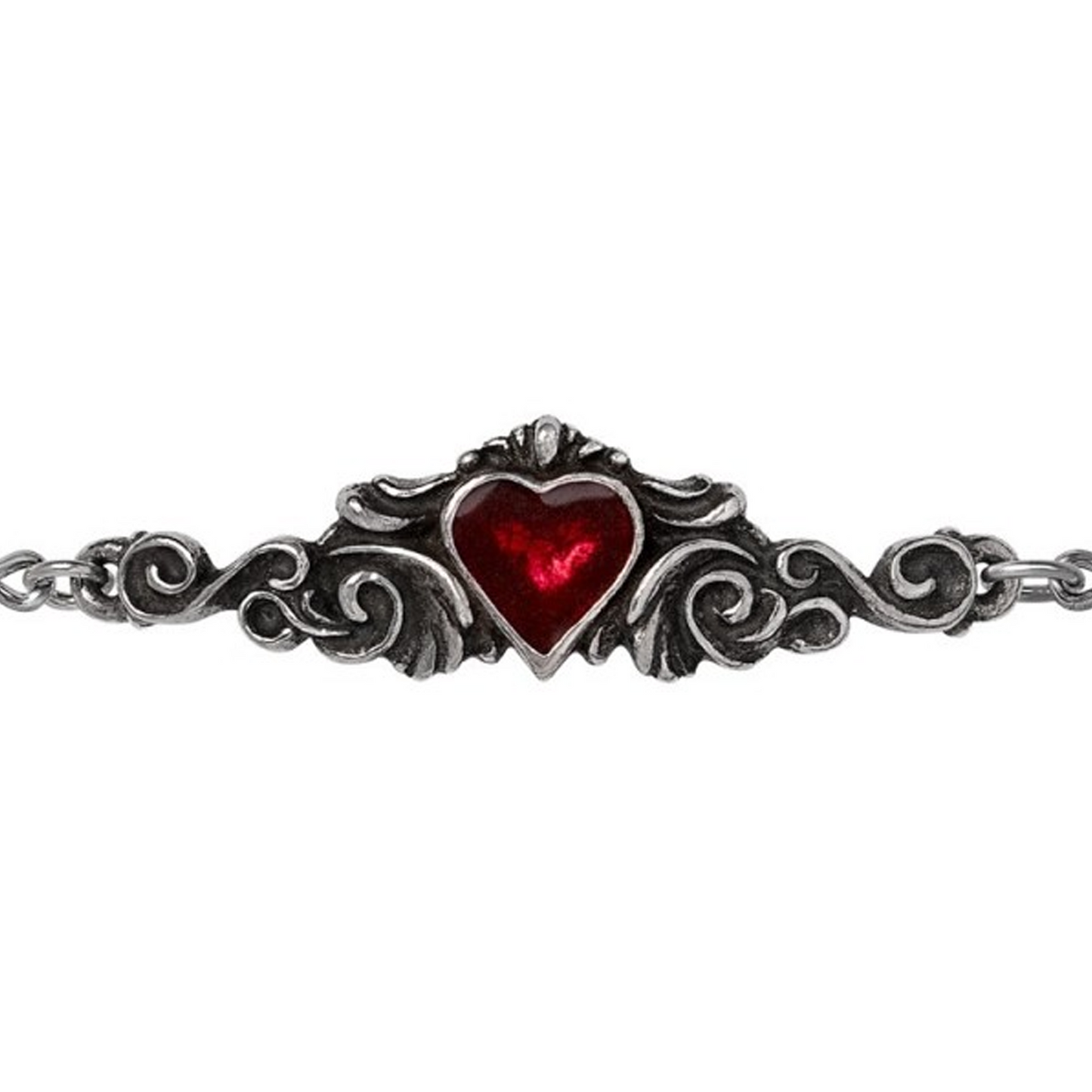 Betrothal - Pewter & Red Crystal Gothic Design Bracelet Close Up on a White Background | Happy Piranha