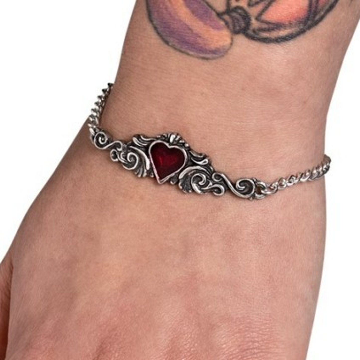 Betrothal - Pewter & Red Crystal Gothic Design Bracelet on a Person's Hand | Happy Piranha