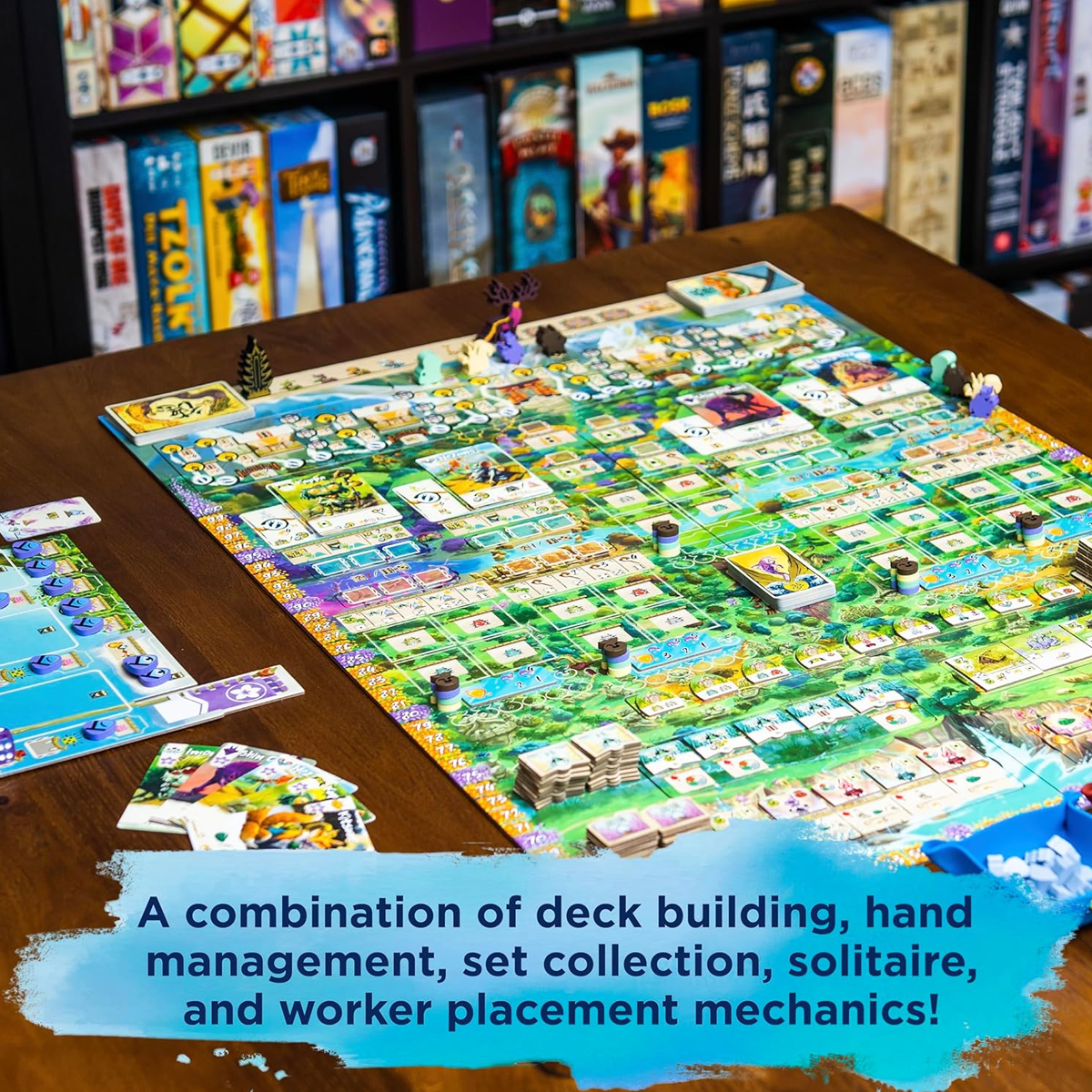 Bitoku Board Game Laid Out on a a Wooden Table with Colourful Board Game Shelves in the Background | Happy Piranha
